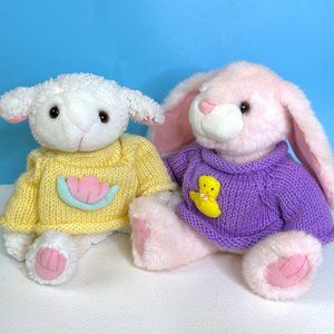 RARE Vintage MTY Lot of 2 Easter Spring Bunny Rabbit Lamb Plush Stuffed Animals‎